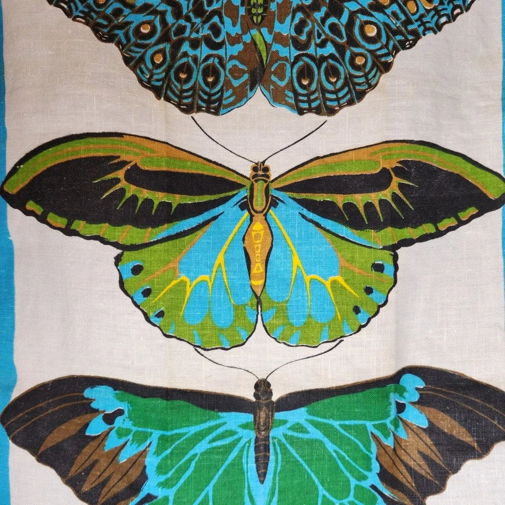 Ken Scott Vintage Linen Butterfly Print Turquoise Rare